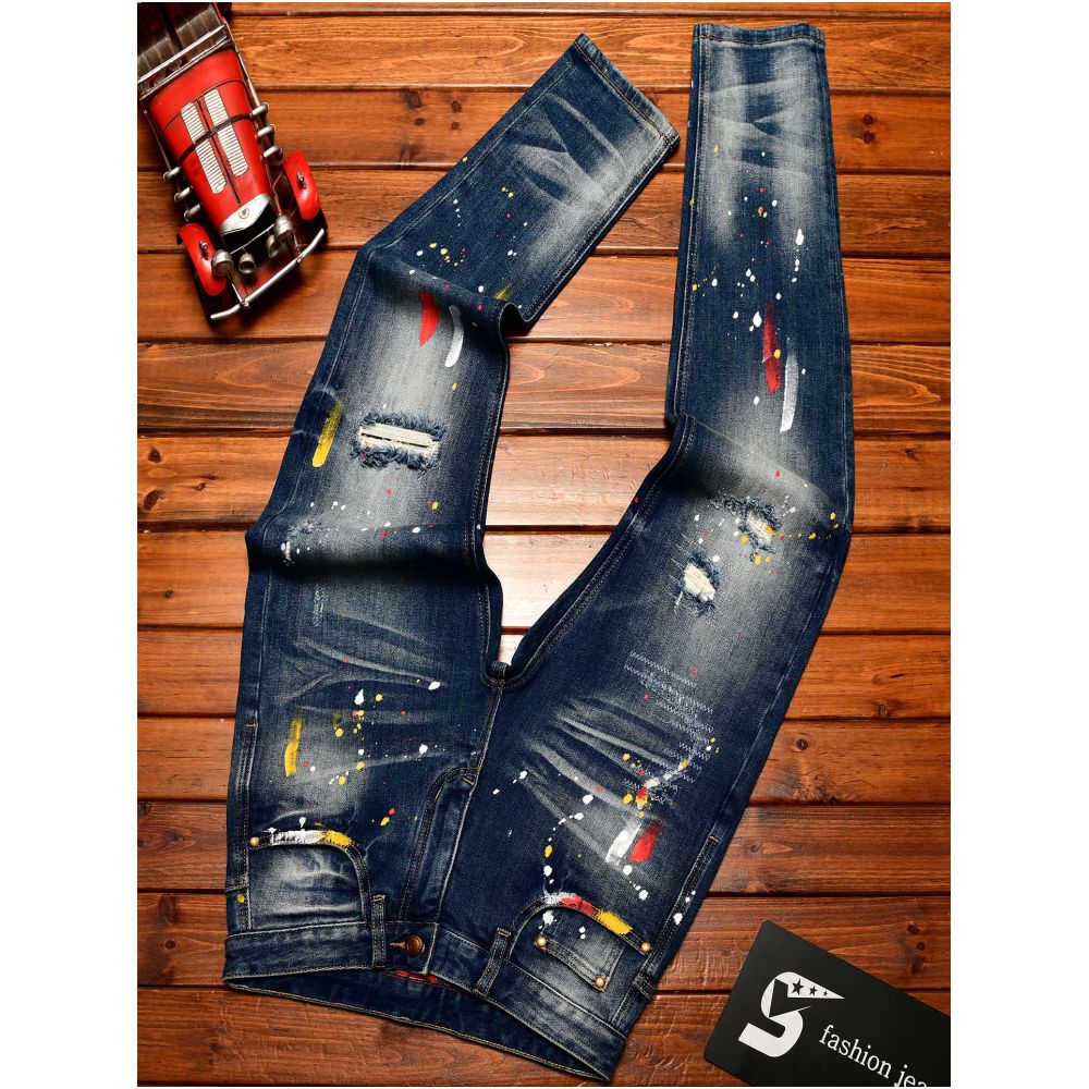 Trendy Korean style men s jeans with ripped patches blue paint spray slim fit American style autumn and winter trousers image 3