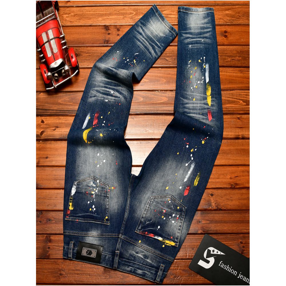 Trendy Korean style men s jeans with ripped patches blue paint spray slim fit American style autumn and winter trousers image 4