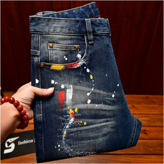 Men's Slim Fit Distressed Denim Jeans – Korean Streetwear Paint Splatter Style
