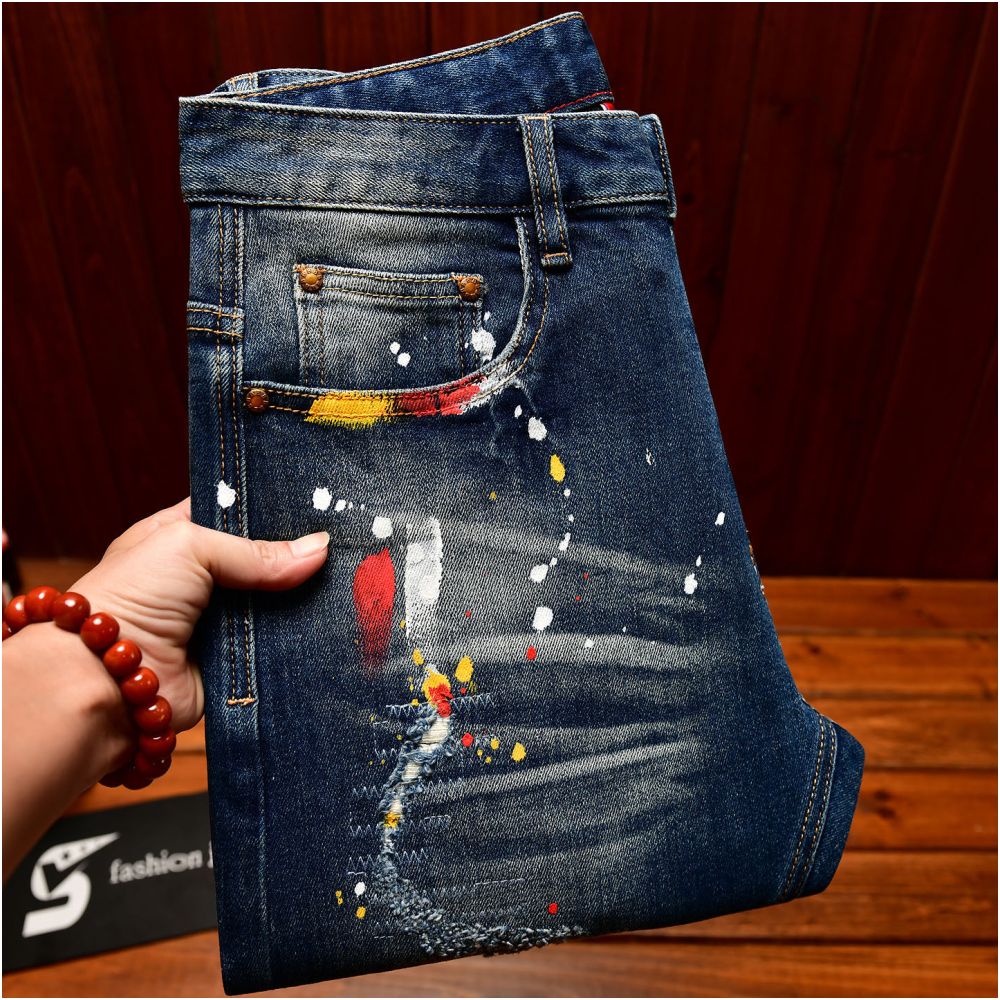 Men's Slim Fit Distressed Denim Jeans – Korean Streetwear Paint Splatter Style