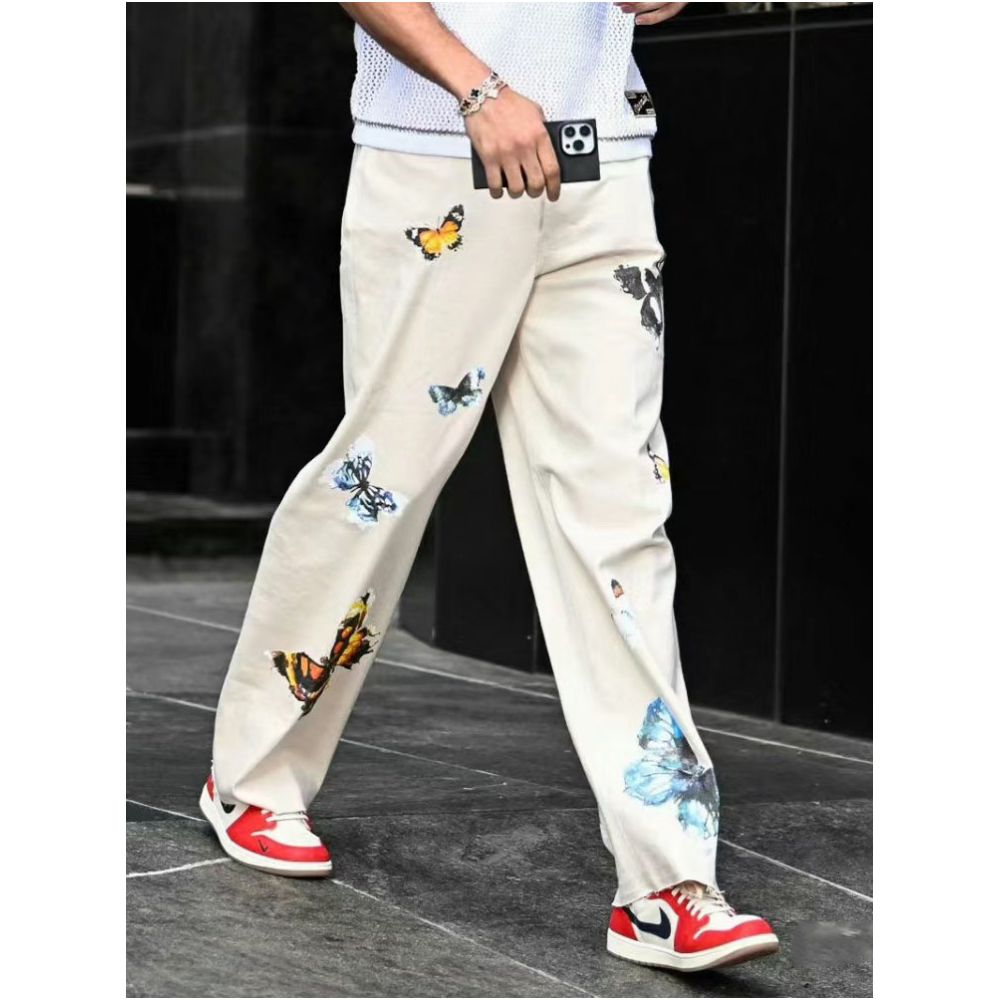 Jayson Tatum s American street style butterfly print athletic trousers men s fitness basketball training loose straight leg sweatpants image 0