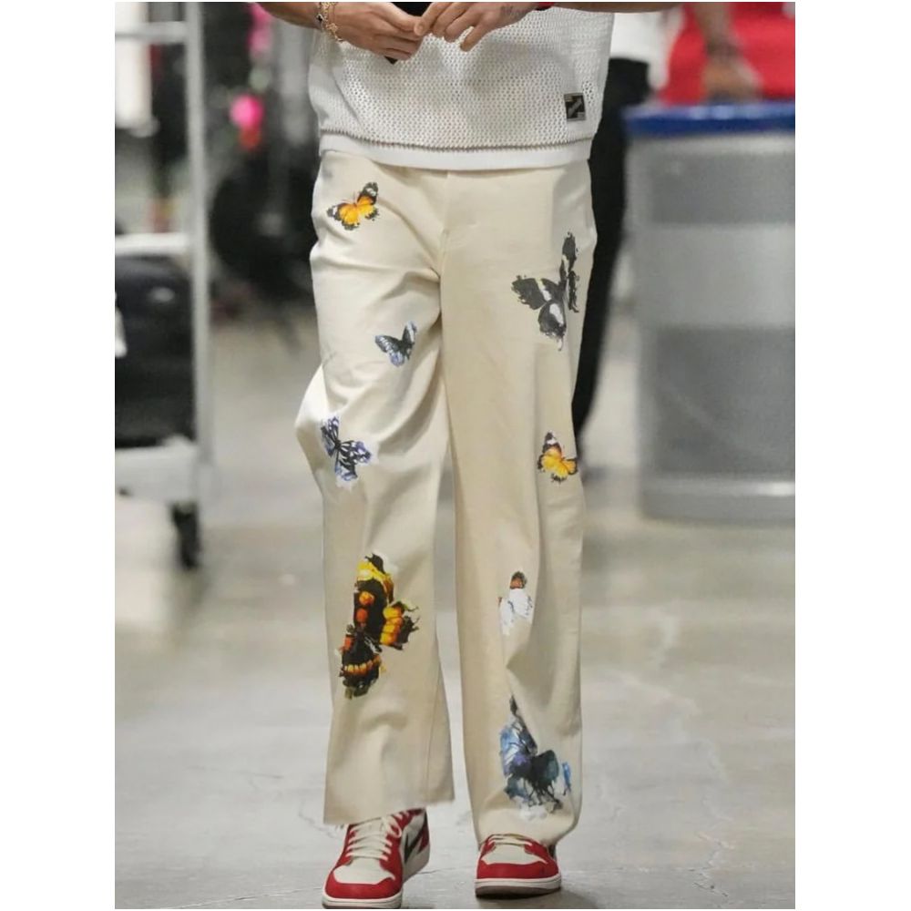 Jayson Tatum s American street style butterfly print athletic trousers men s fitness basketball training loose straight leg sweatpants image 2