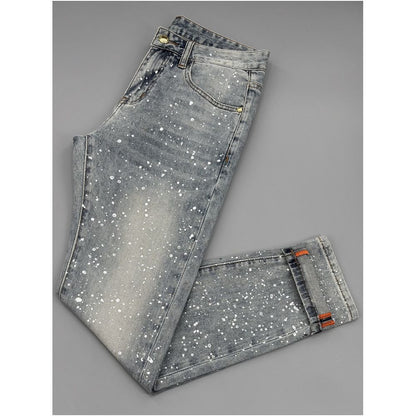 European style light luxury cropped jeans for men slim fit new summer style fashionable silver sequined long pants versatile image 0