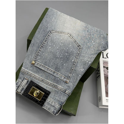 European style light luxury cropped jeans for men slim fit new summer style fashionable silver sequined long pants versatile image 1