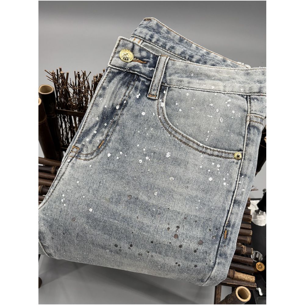 European style light luxury cropped jeans for men slim fit new summer style fashionable silver sequined long pants versatile image 2