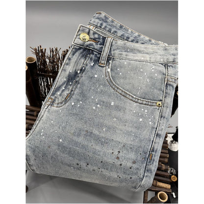 European style light luxury cropped jeans for men slim fit new summer style fashionable silver sequined long pants versatile image 2
