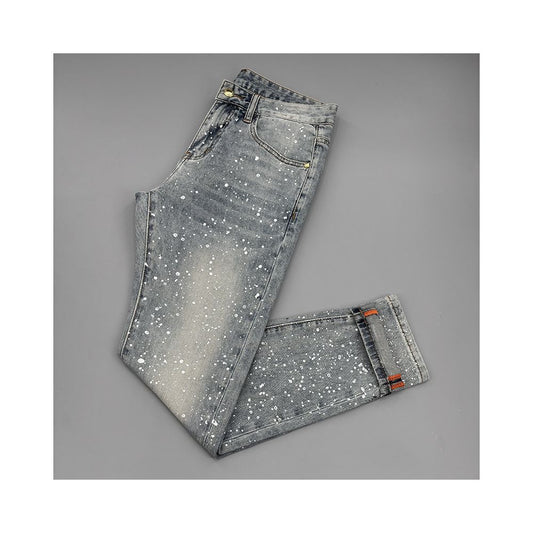 Men's Slim Fit Cropped Denim Jeans – Luxury Silver Washed Stretch Pants