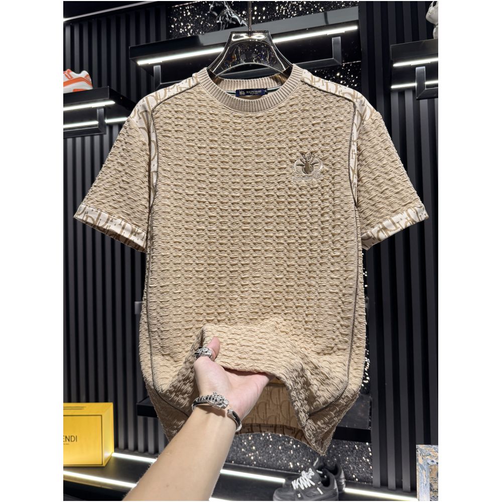 European style men s high end patchwork embroidered seersucker short sleeved t shirt 2026 new summer trendy brand light luxury men s short sleeved shirt image 2