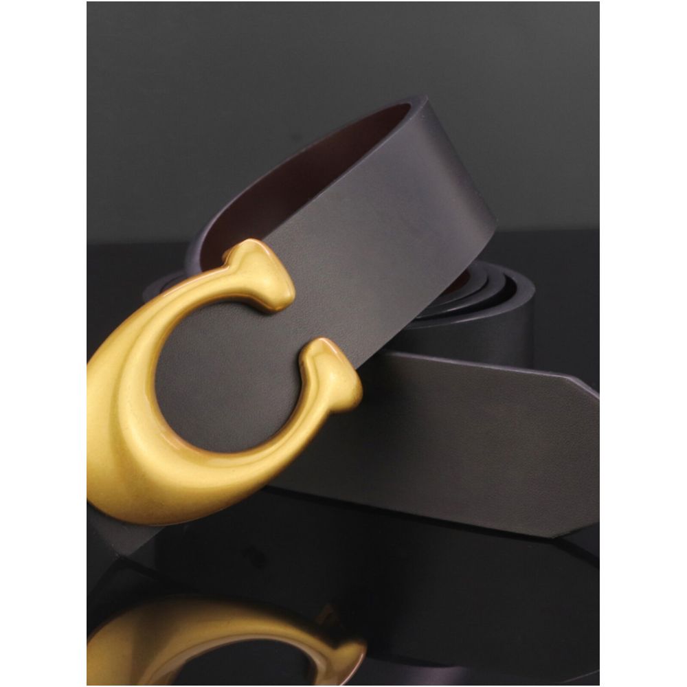 Men s genuine leather wide belt with large C buckle distressed finish smooth surface casual and fashionable style image 1