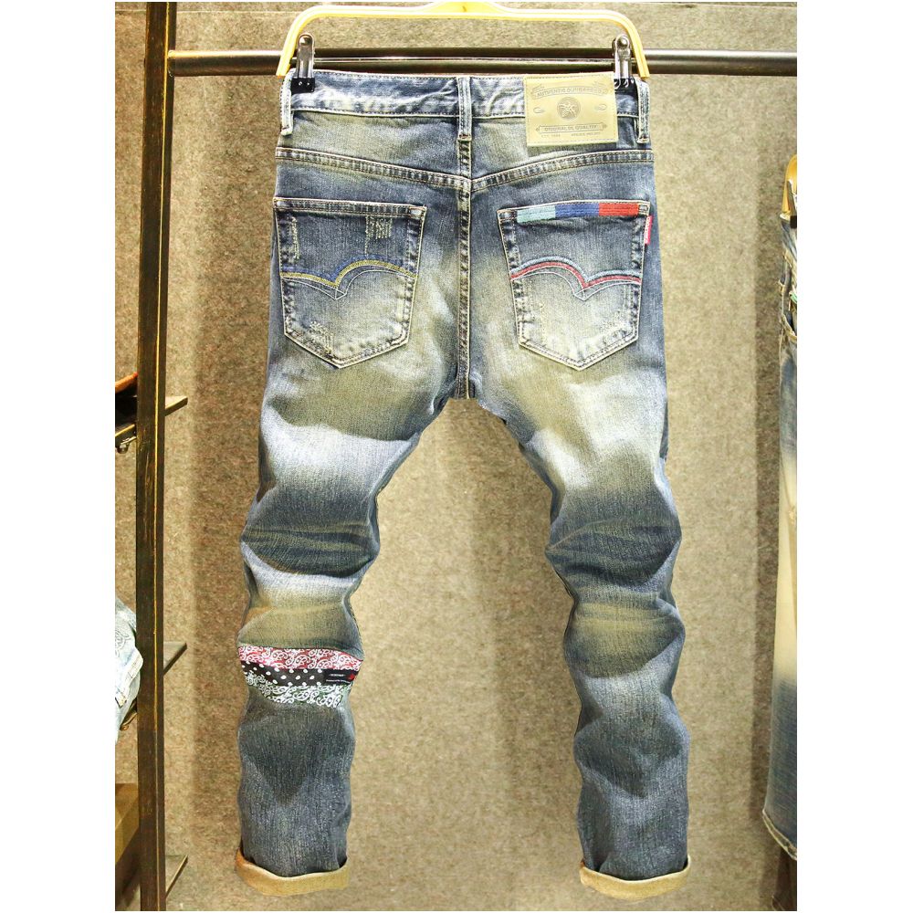 High quality American retro style men s slim fit straight leg stretch jeans trendy brand unique color blocked pants image 0