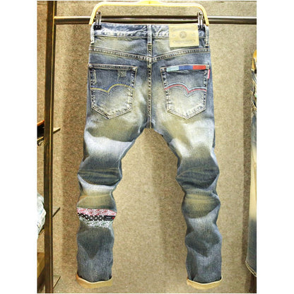 High quality American retro style men s slim fit straight leg stretch jeans trendy brand unique color blocked pants image 0