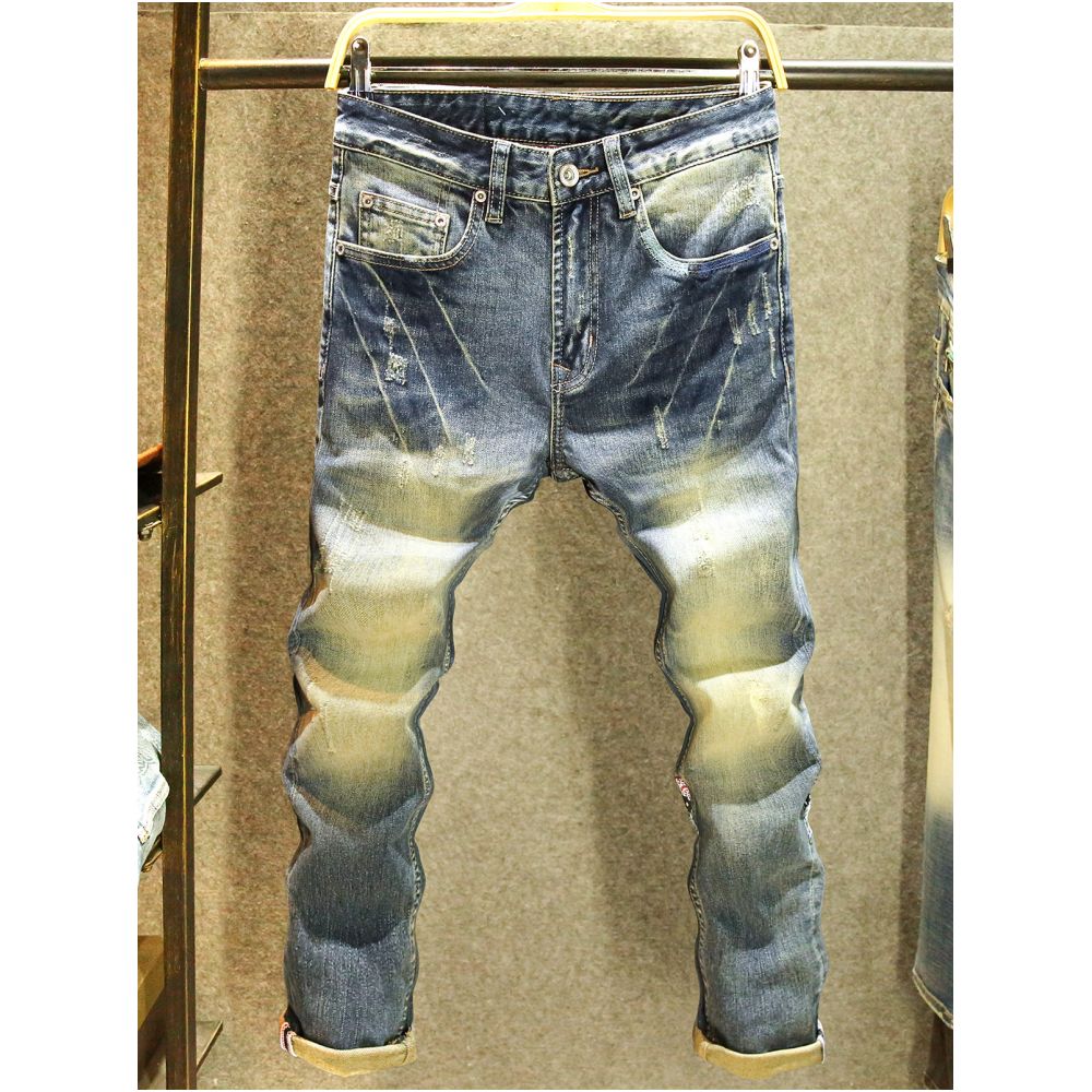 High quality American retro style men s slim fit straight leg stretch jeans trendy brand unique color blocked pants image 1