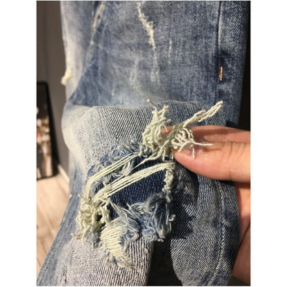 Men s ripped jeans straight leg slightly loose fit high end retro style light blue distressed patchwork beggar style long pants image 1