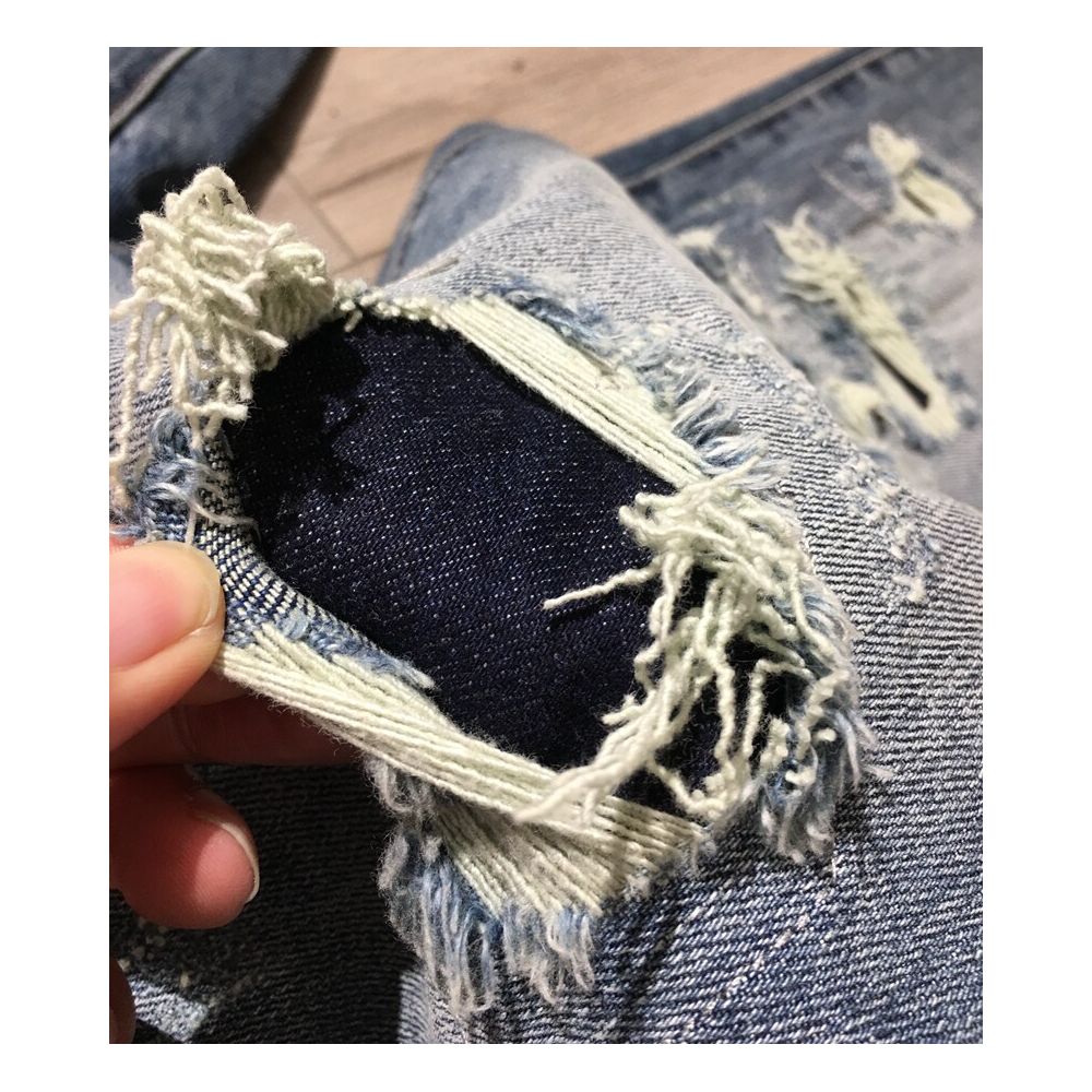 Men s ripped jeans straight leg slightly loose fit high end retro style light blue distressed patchwork beggar style long pants image 2