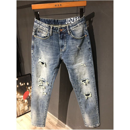 Men s ripped jeans straight leg slightly loose fit high end retro style light blue distressed patchwork beggar style long pants image 3