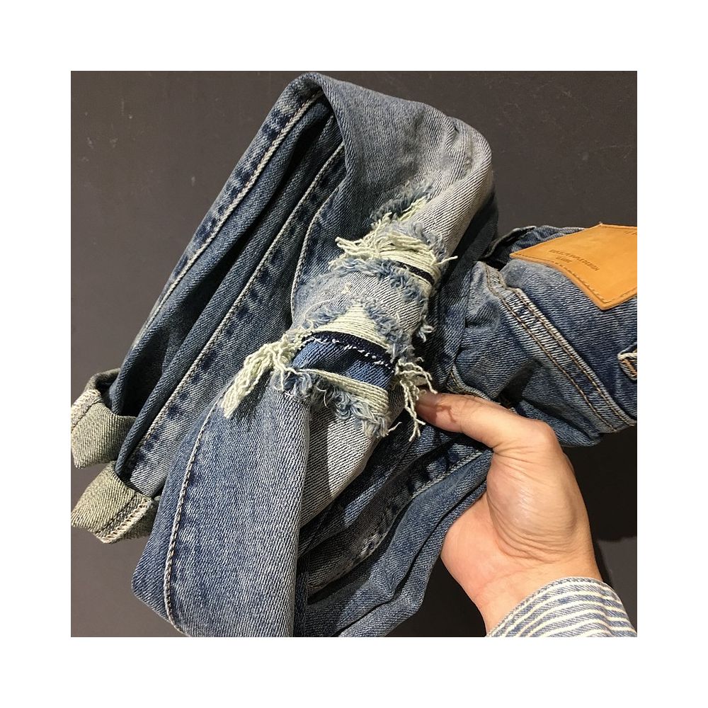 Men s ripped jeans straight leg slightly loose fit high end retro style light blue distressed patchwork beggar style long pants image 4